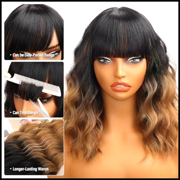 Synthetic Wavy Bob Wig with Bangs Heat Resistant Party Daily Use main image 4